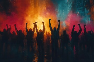 Fototapeta premium crowd of passionate activists raising their fists in unity during street protest, urban graffiti art style with vibrant colors and bold spray paint effects