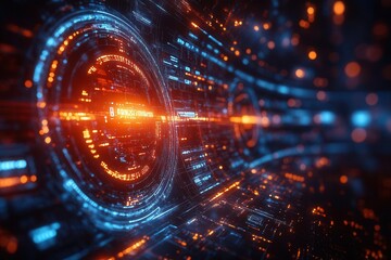 Obraz premium cybersecurity threat visualization with binary code projection and warning symbols on futuristic interface in dark environment