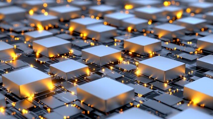 Abstract representation of a circuit board with glowing elements.
