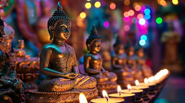 Row of Buddha Statues with Candle Lights