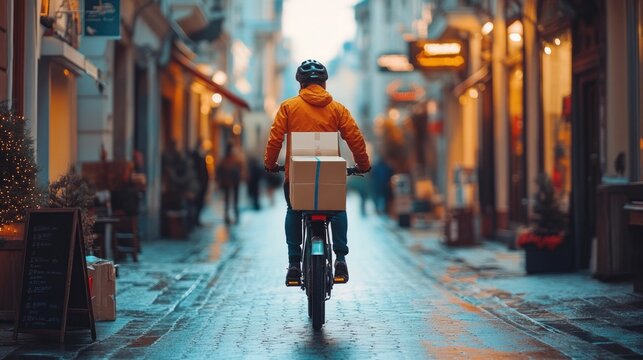 Courier Riding Bicycle to Swiftly Deliver Express Parcels in a Busy Local Urban Delivery Zone  Fast and Flexible Logistics and Merchandise Transportation Service