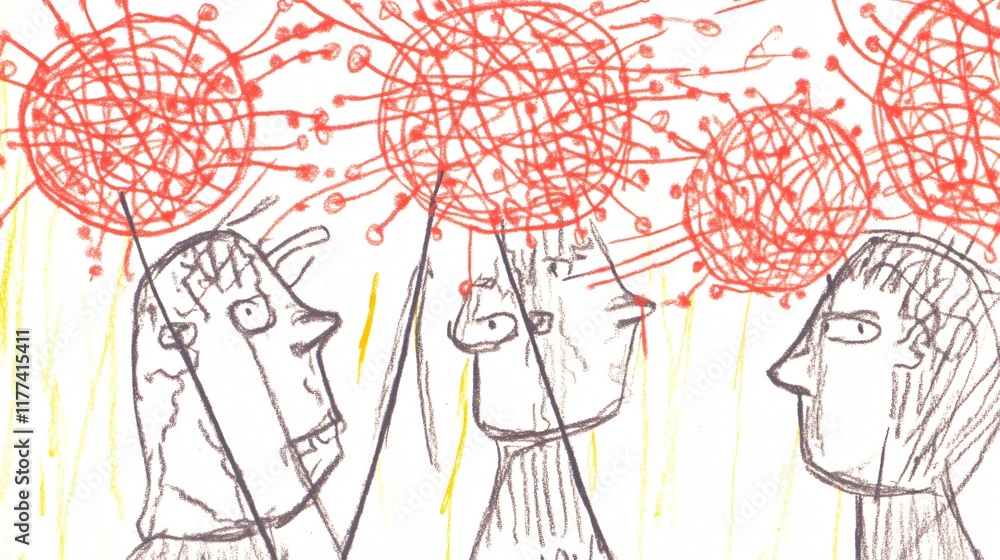 Poster expressive drawing of figures with abstract red shapes
