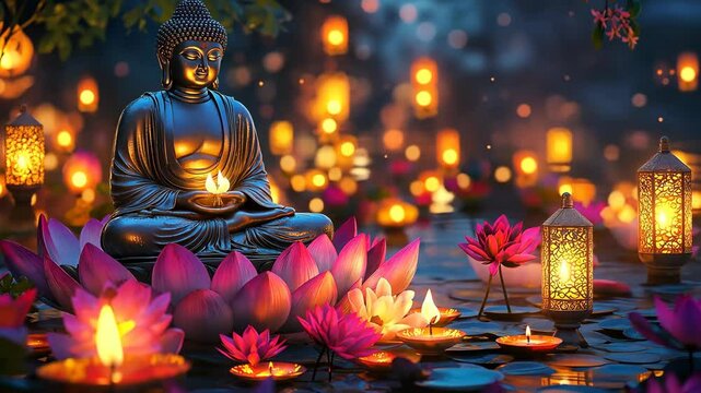 Golden Buddha with Glowing Flowers and Lights