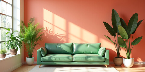 green leather sofa on pink wall background, living room