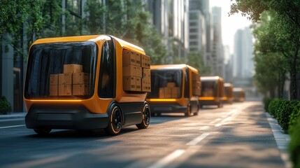 Electric delivery vehicles transporting shipping boxes along the streets of a modern urban landscape showcasing the future of sustainable and efficient urban logistics