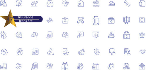 Insurance and assurance icon set. Containing healthcare medical, life, car, home, travel insurance