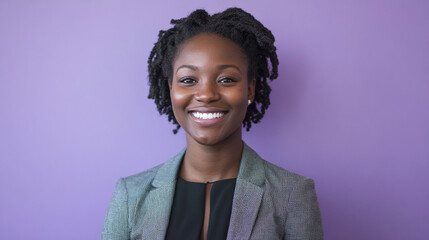 An approachable real estate agent with a smile, in front of a soft lavender background
