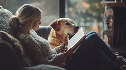 A woman reading a book on a couch with a dog beside her, enjoying a cozy moment.