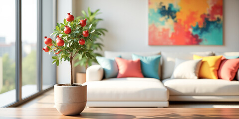 a pomegranate tree in a pot in a bright living room