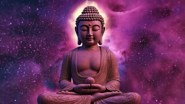 Buddha Statue with Glowing Purple Clouds