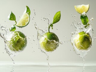 Limes splashing in water, fresh citrus fruit