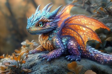 detailed digital illustration of mystical fantasy dragon with iridescent scales and color-changing chameleon-like features in natural habitat setting