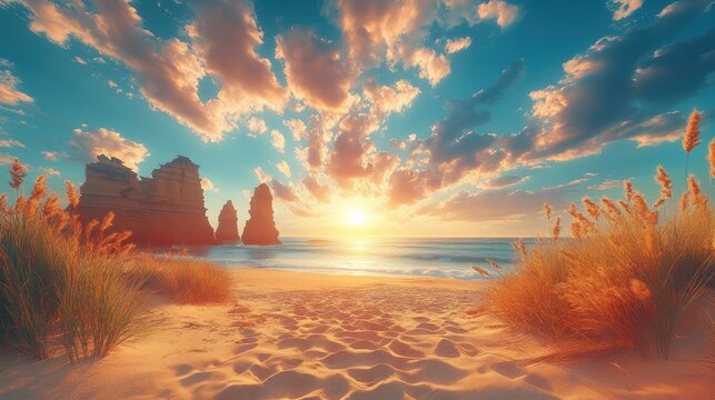 Dramatic sunset over a beach with dramatic rock formations. Golden hour. - Powered by Adobe