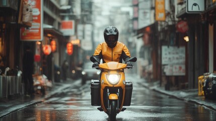 Agile urban delivery rider navigating crowded rainy city streets on a motorcycle at night rushing...