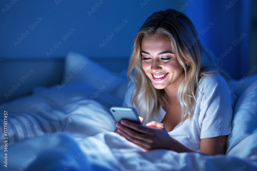 Poster woman smiling while using smartphone in bed, illuminated by soft screen light in a dark room. nightt