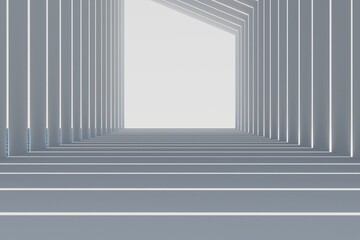 Obraz premium White podium pedestal on Sci-fi background with geometric shapes circle on one white floor and wall the platform for product presentation minimal style, copy space, abstract podium. 3d render.