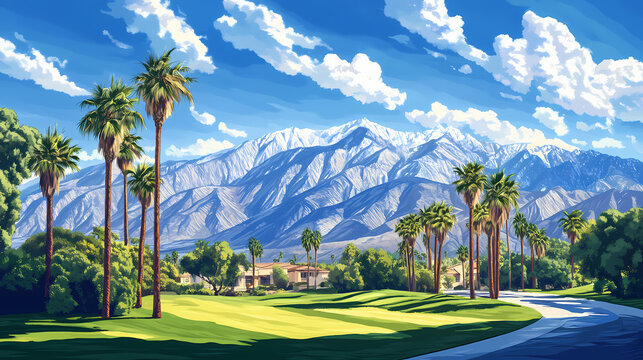 Sunny day in rancho cucamonga, california, with palm trees swaying in the breeze and majestic san gabriel mountains towering in the background landscape. Foothill. Illustration