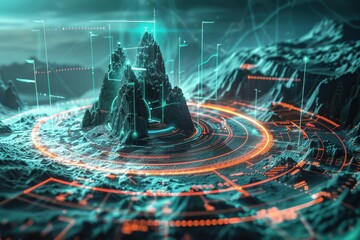 Futuristic Digital Landscape with Glowing Geometric Shapes