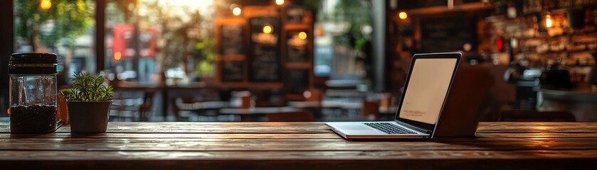 Laptop on counter bar in cafe, modern computer setup, blurred restaurant atmosphere, cozy work environment, stylish cafe interior