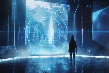 A Lone Figure Gazing at a Futuristic Display in a Dark Room
