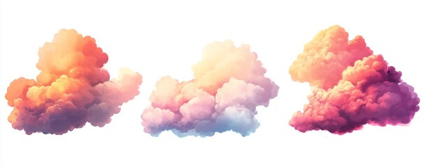 Set of Colorful Puffy Clouds on White Background. Concept Art in Various Sizes