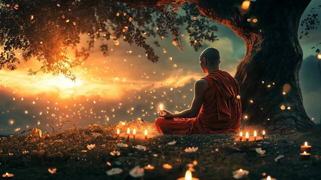 Meditating Person Under Tree with Candlelights