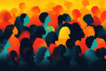 diverse multicultural community represented in vibrant flat design colorful illustration of people from different backgrounds united in harmony