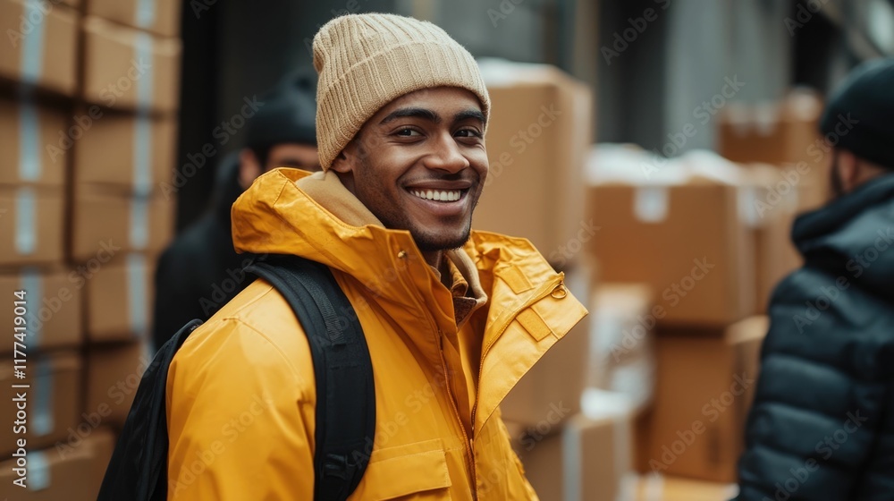 Poster delivery team efficiently managing branded parcels with secure handling and organization processes i
