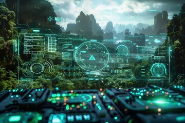 Futuristic Interface Displaying a Mountainous Landscape