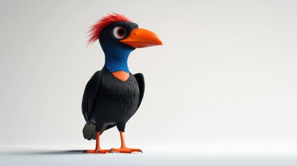Naklejka premium Cartoon bird with black feathers, red head and orange beak on a white background