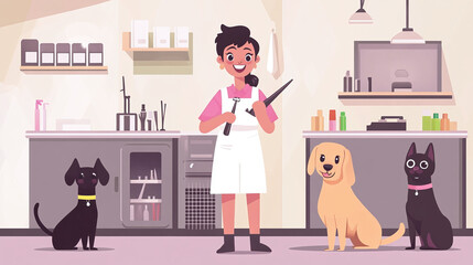 An enthusiastic pet groomer in a grooming salon, holding grooming tools, with pets and equipment in the background