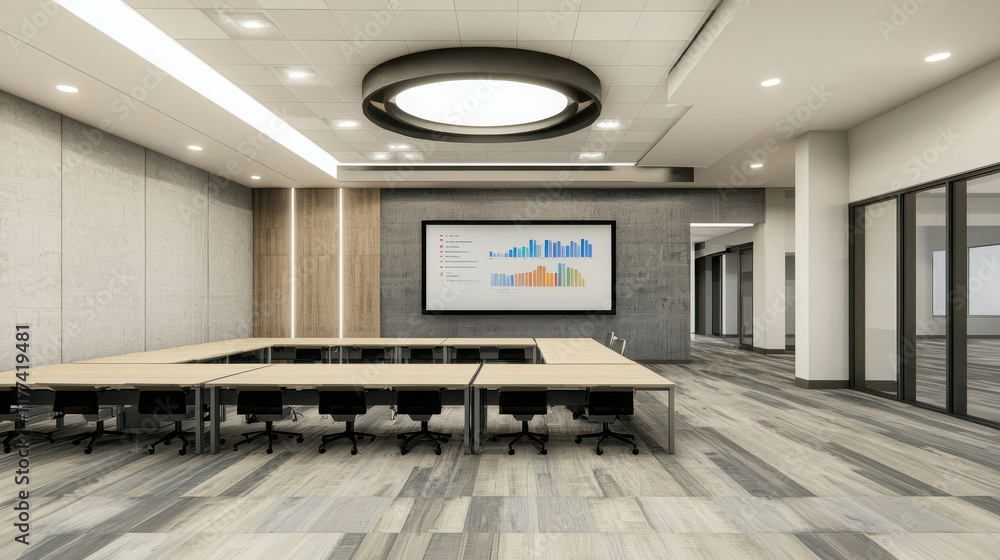 Poster modern open plan workspace with collaborative tables and bright environment