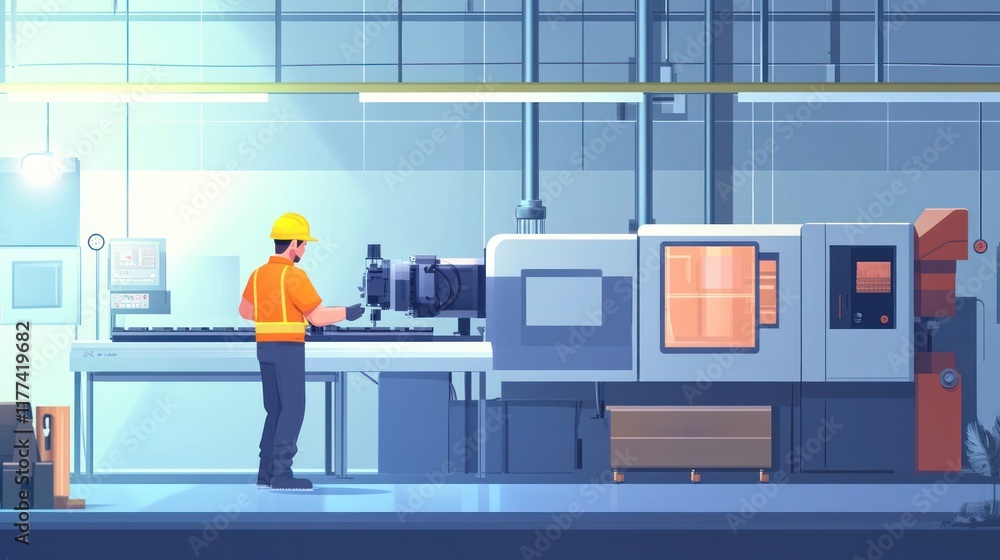 Poster a worker operates a machine in a modern industrial setting.