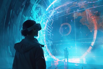 Woman in VR Headset Gazing at Futuristic Interface
