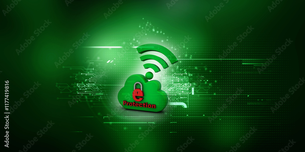 Poster 3d rendering e-mail symbol protection lock with cloud wifi . internet security concept