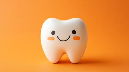Sweet tooth character with rosy cheeks on orange background, dental care mascot