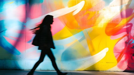 Silhouette of a trendy girl walking past a colorful graffiti wall, adding a layer of motion and youthfulness to the expressive cityscape.