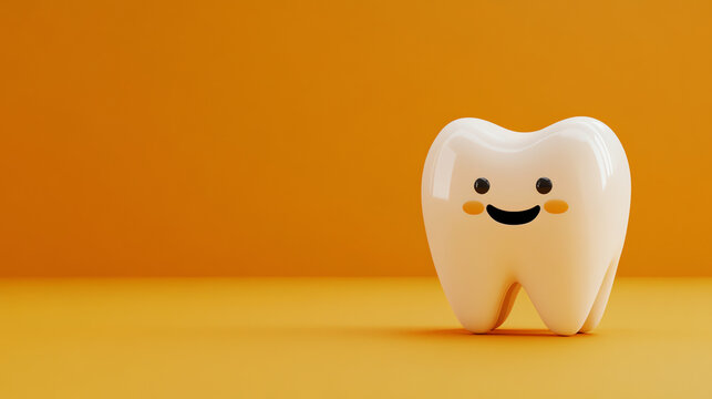 Gentle smiling tooth character on golden background, dental care concept