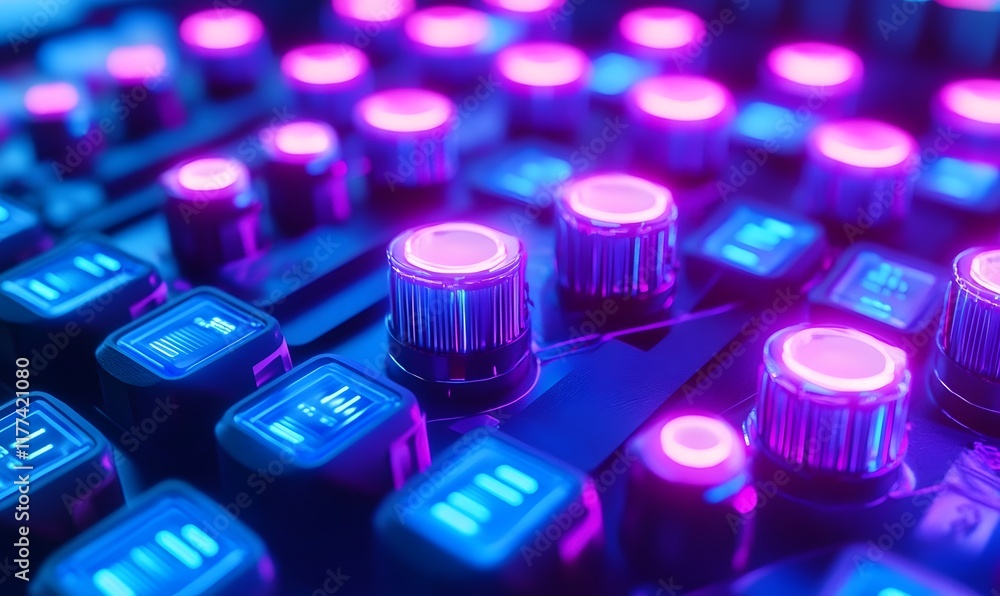 Poster close-up of futuristic control panel with glowing buttons and knobs.