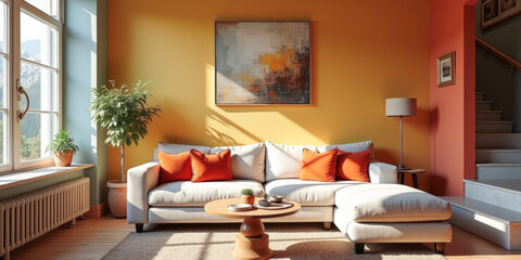 cozy colorful living room with stairs