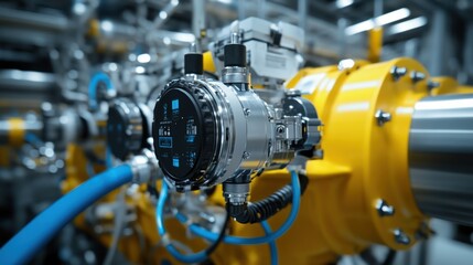 Fototapeta premium Complex machinery with digital displays and intricate wiring operates within an industrial factory, showcasing advanced technology and automation