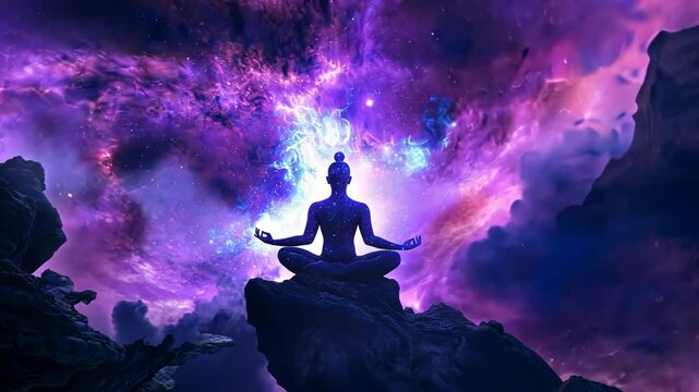 Meditating Person with Glowing Purple Sky