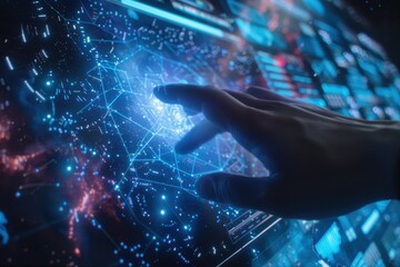 Hand Interacting with a Blue and Red Digital Network Display