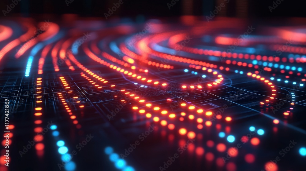 Poster abstract digital landscape featuring flowing luminous lines in red and blue, representing data flow 