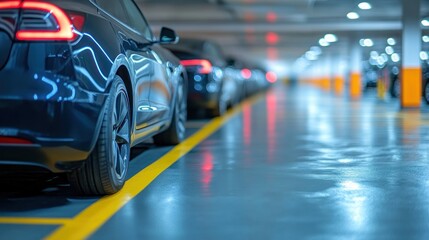 Electric cars parked in a modern underground garage.