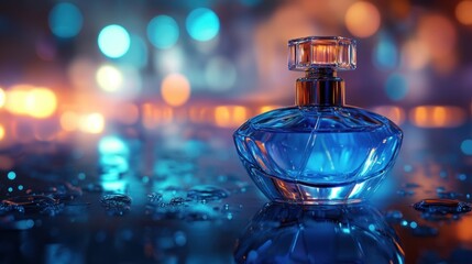 Nighttime Elegance: Blue Perfume Bottle on Reflective Surface with City Lights Bokeh