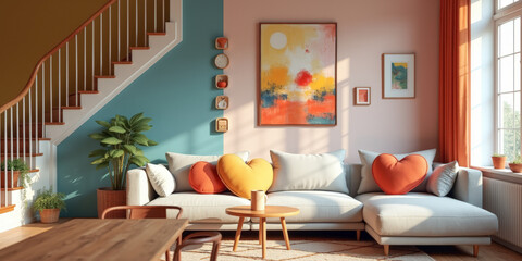 cozy colorful living room with stairs