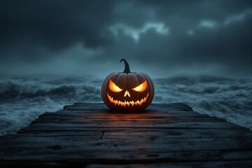 Illuminated jack-o'-lantern on wooden dock, stormy ocean waves and dark cloudy sky in background. Eerie Halloween atmosphere. Ai generative
