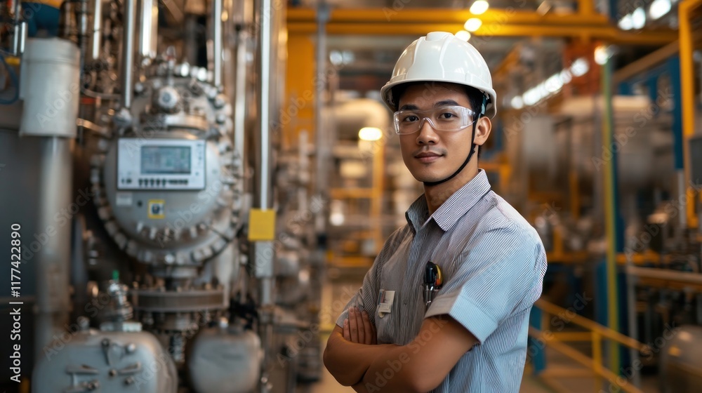 Poster a young engineer poses confidently in an industrial setting with machinery in the background.
