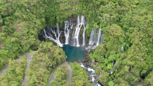 Aerial view on the Cascade Grand Galet and the Langevin basin of La Reunion island